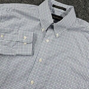 Allen Edmonds Dress Shirt Mens M Blue Plaid Button Down Wrinkle Free 100% Cotton